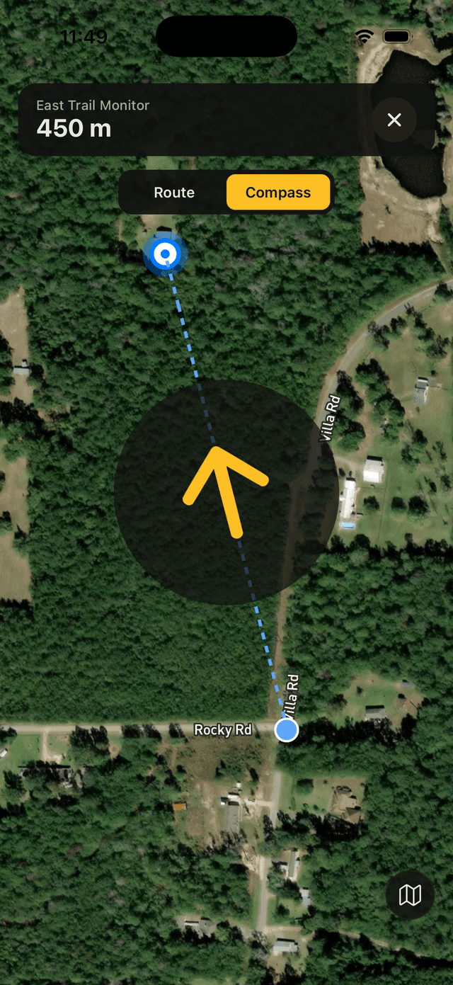 TrailSense app - compass feature pointing to a deployed unit