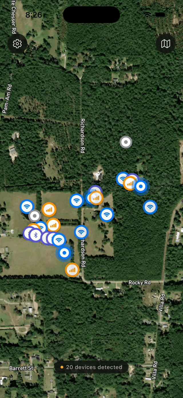 TrailSense app - main map showing deployed units and detected devices