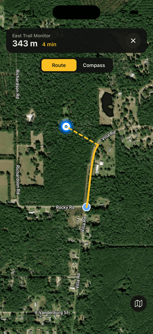TrailSense app - route feature showing navigation to a unit